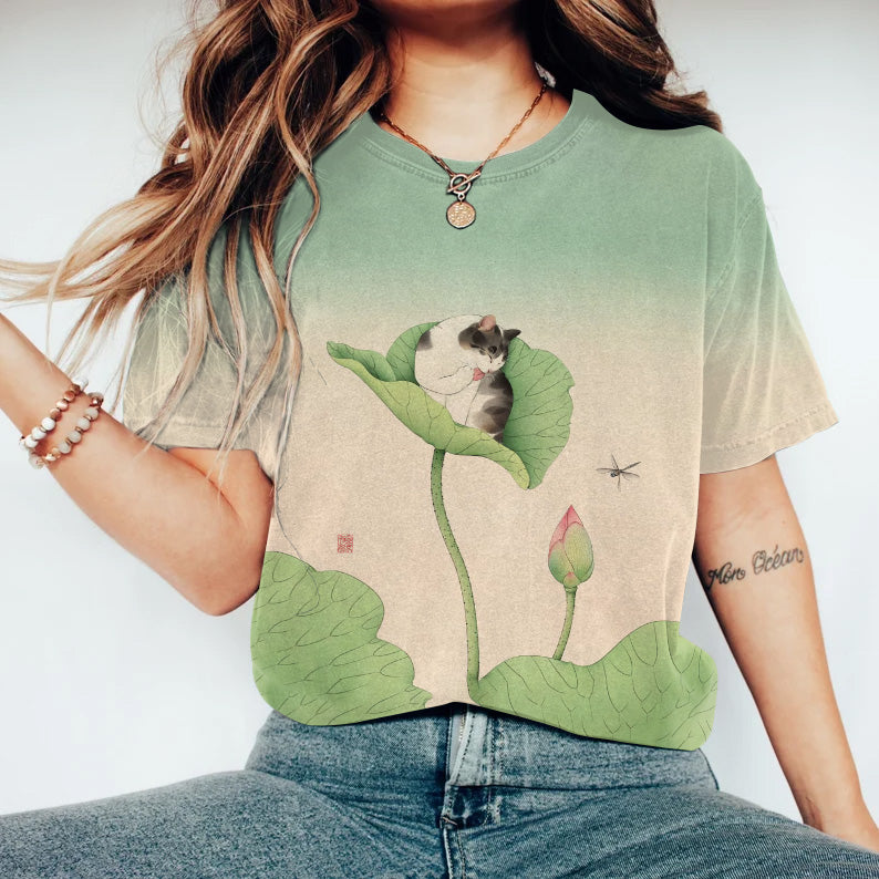Japanese Art Cat On Lotus Leaf Print Casual T-Shirt elevenforest