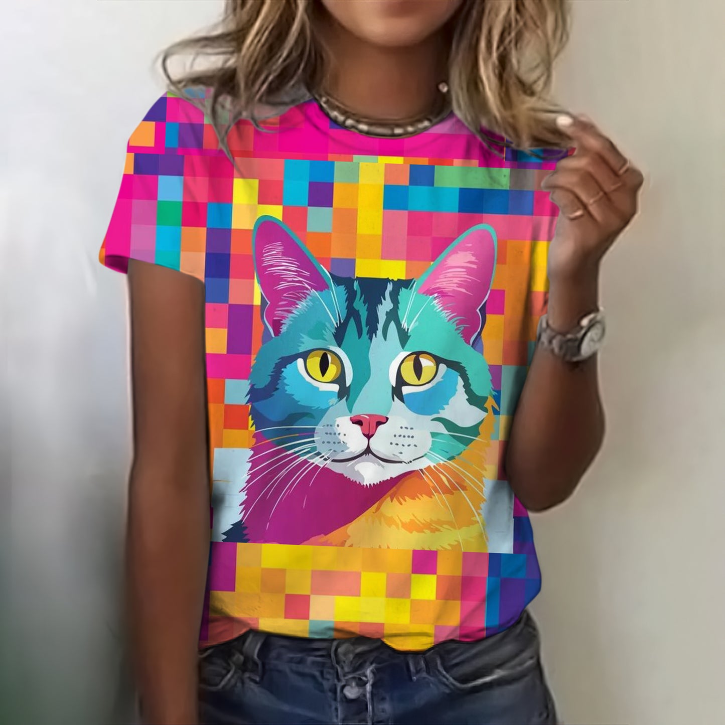Retro Colorful Diamond Pop Art Cat Graphic T-shirt elevenforest