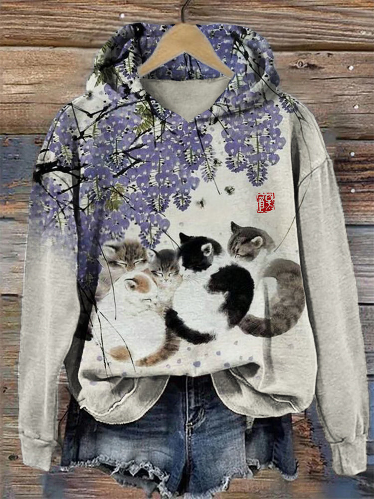 Fuzzy Cat Under Floral Tree Art Cozy Hoodie elevenforest
