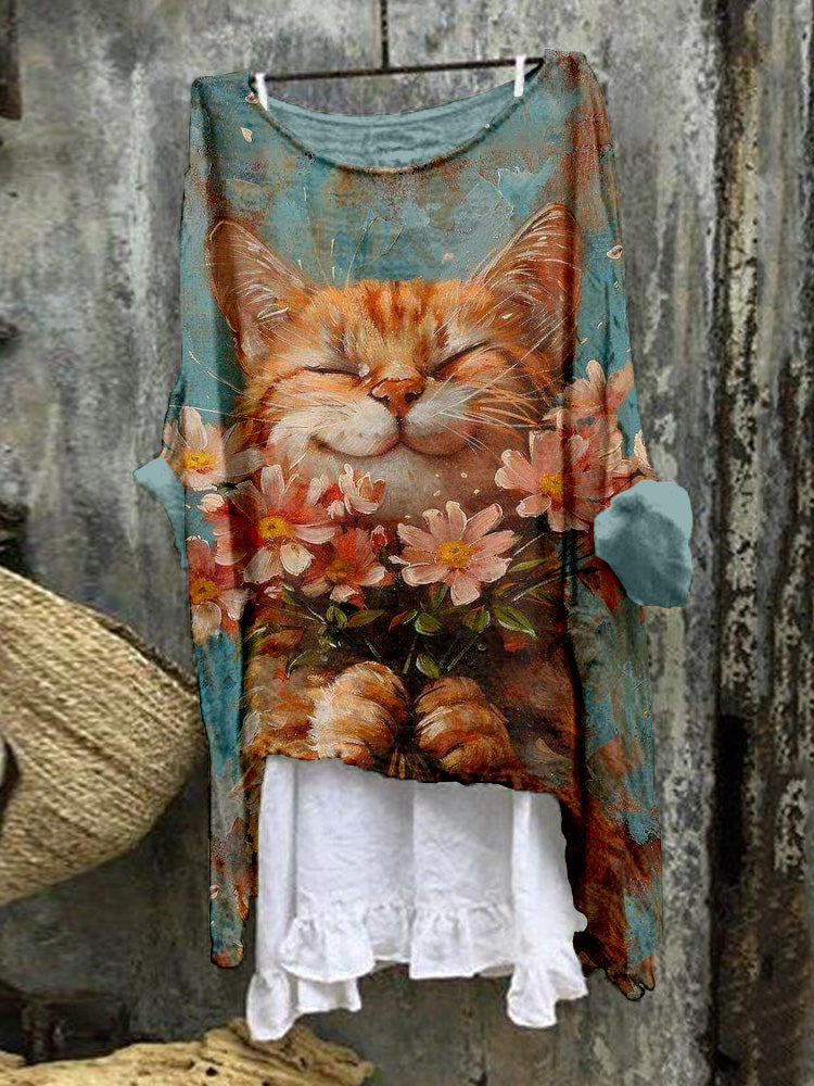 Cute Cat & Flower Art Linen Blend Flowy Tunic elevenforest
