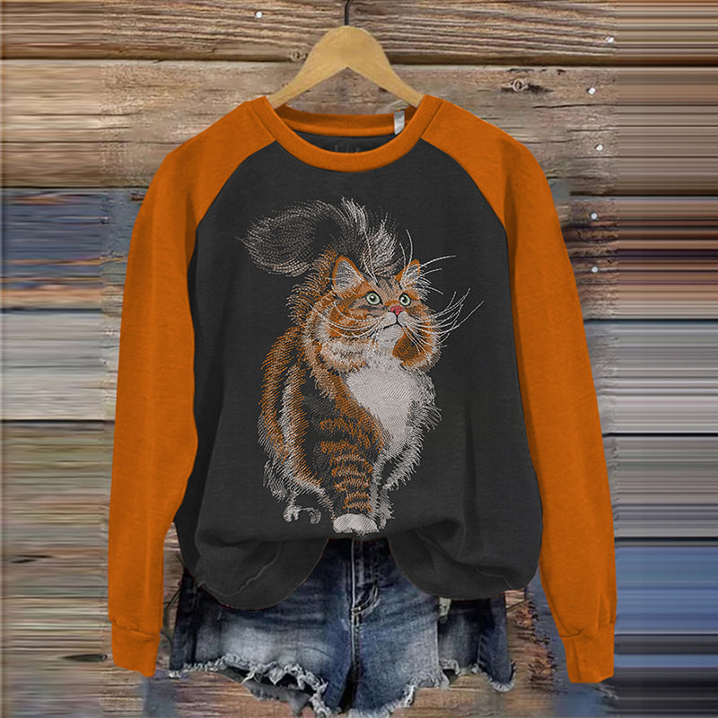 Embroidered Cat Art Print Crew Neck Casual Sweatshirt elevenforest