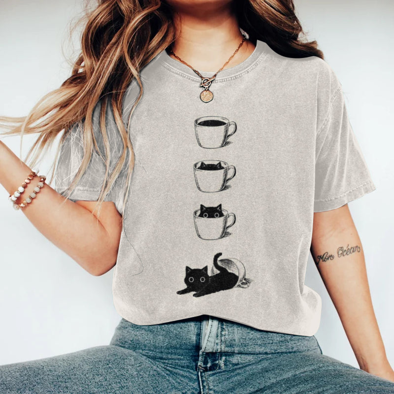 Abstract Creative Black Cats In Coffee Cup Art Print T-shirt elevenforest