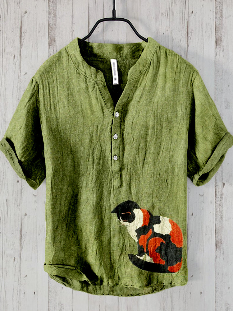 Cute Japanese Cat Art Linen Blend Cozy Shirt elevenforest