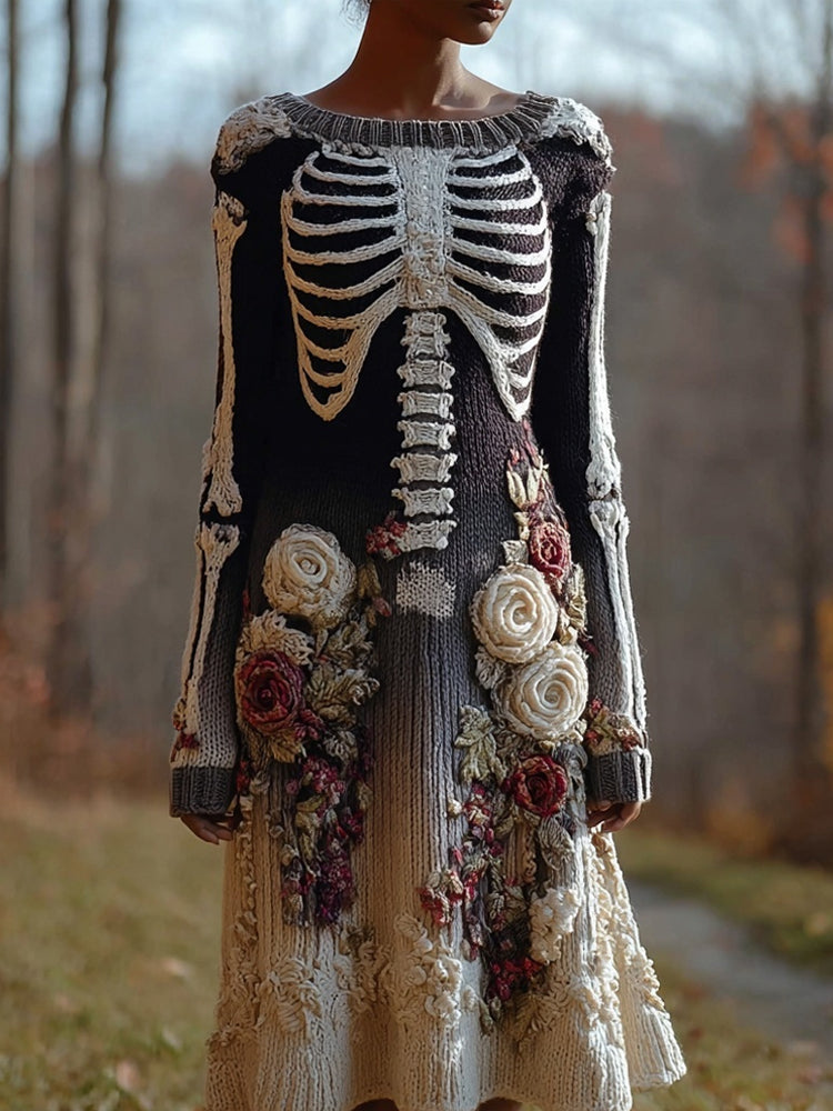 Classy Skeleton Roses Embroidered Cozy Sweater Dress artswardrobe
