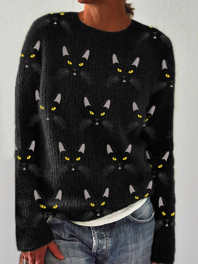 Black Cat Faces Embroidered Pattern Cozy Knit Sweater elevenforest
