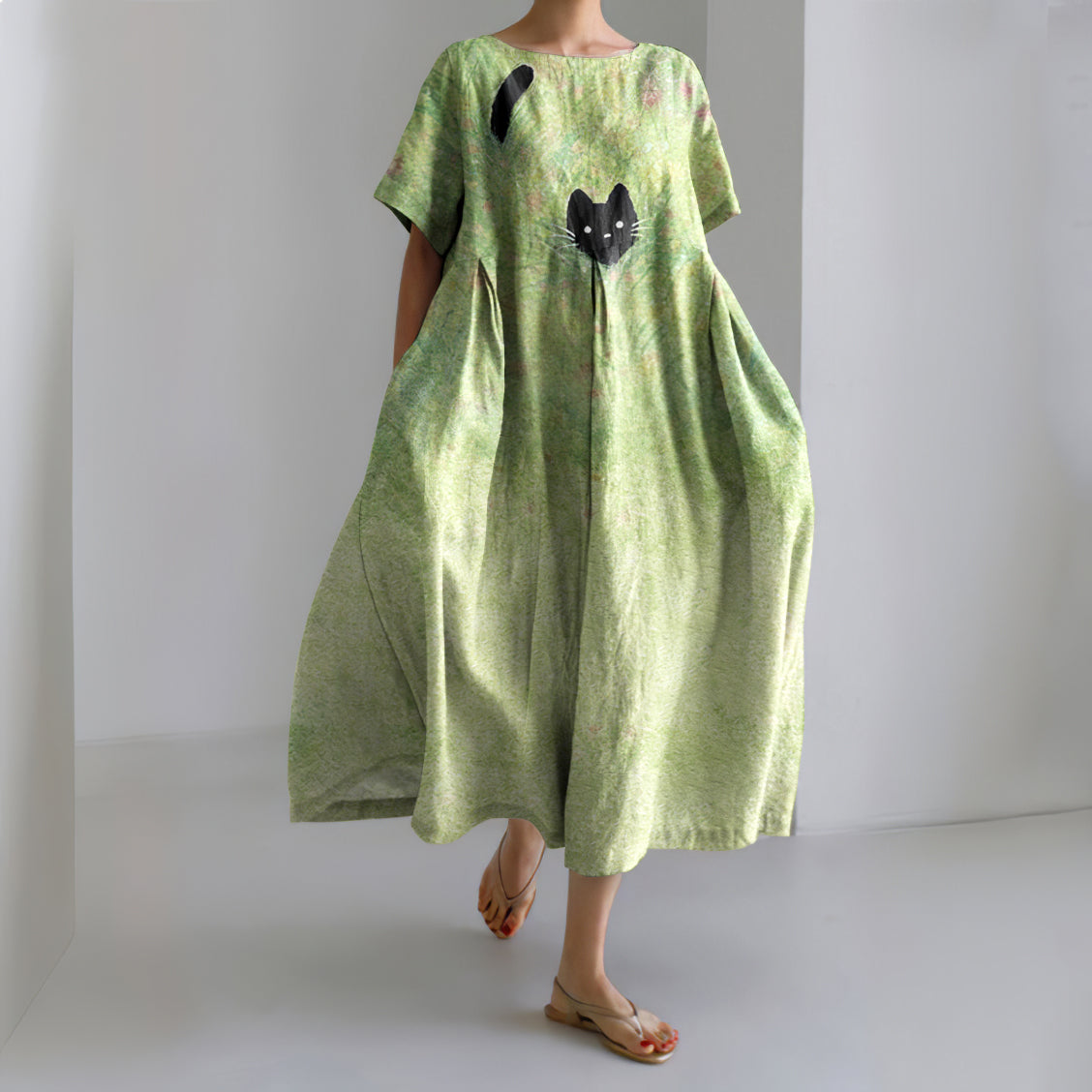 Plant & Cat Painting Art Linen Blend Maxi Dress elevenforest