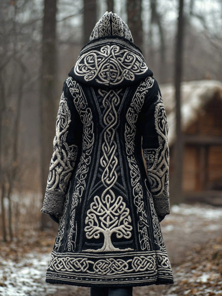 Women's Viking Style Celtic Tree Of Life Totem Thick Hooded Long Sweater artswardrobe