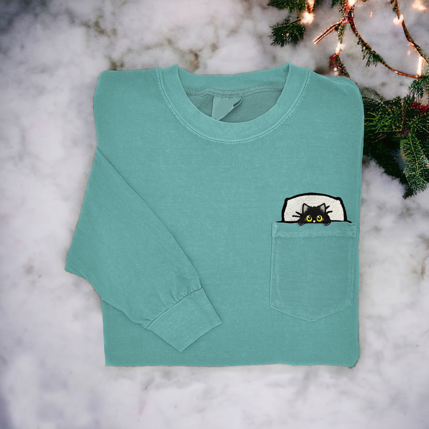 Funny Good Night Black Cat Embroidery Art Women's Cozy Pocket T-Shirt elevenforest