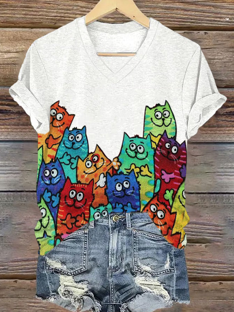 V-neck Retro Pride Parade Cats Print T-shirt elevenforest