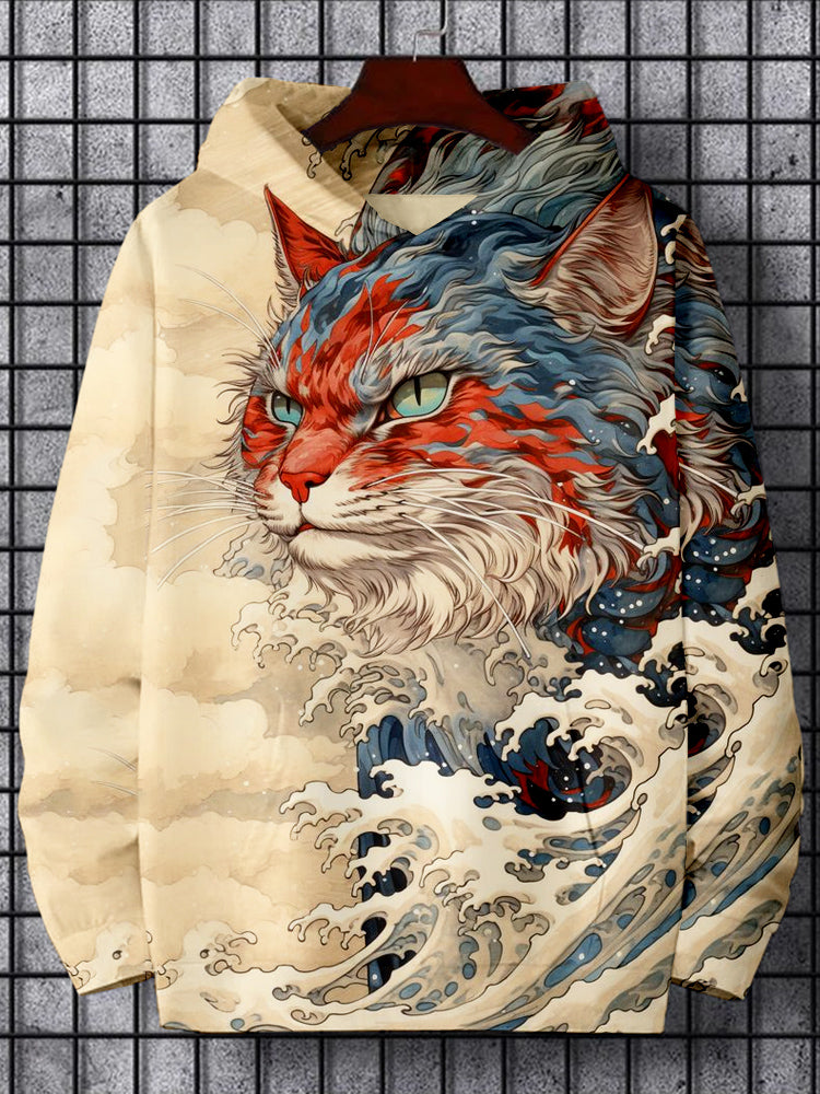Men's Japanese Great Wave Inspired Mysterious Cat Art Hoodie elevenforest