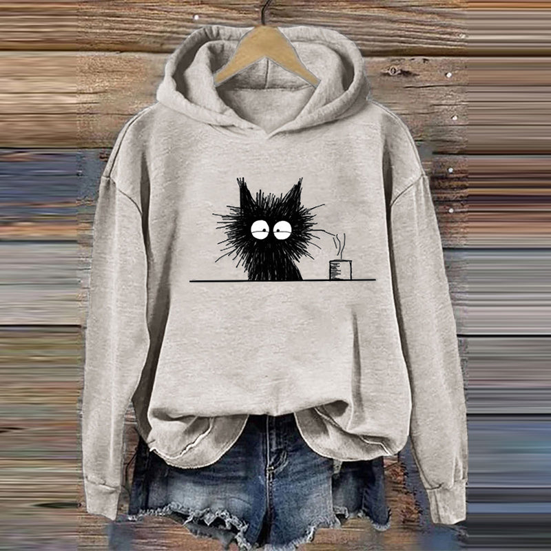 Women's Cute Black Cat Print Casual Hoodie elevenforest