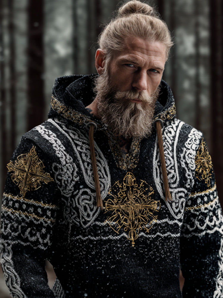 Men's Viking Style Gold Viking Compass Thick Needle Hooded Sweater artswardrobe