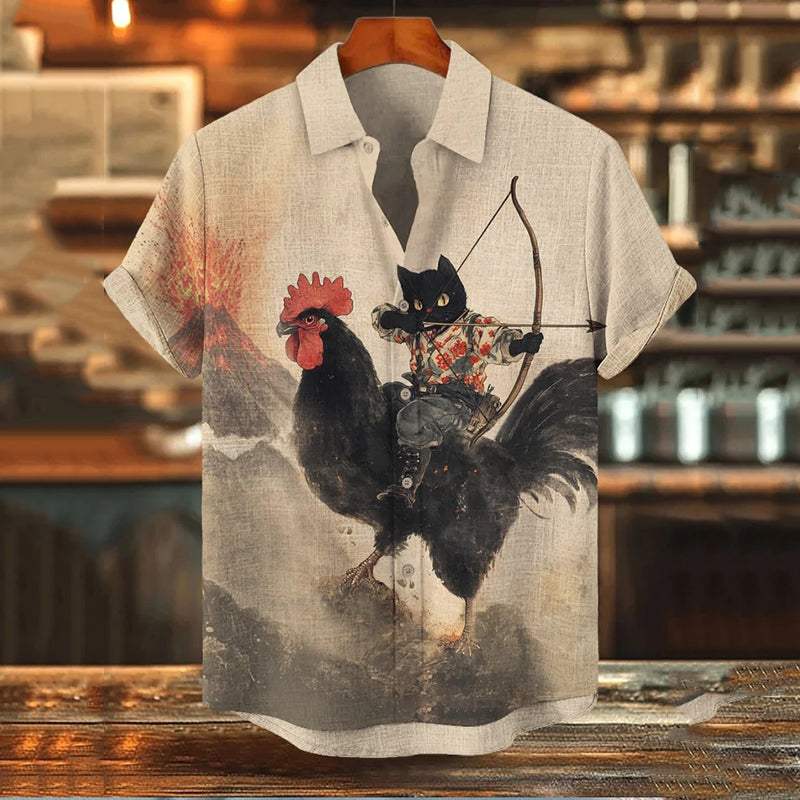 Men's Retro Black Cat Archer And Chicken Print Short Sleeve Shirt elevenforest