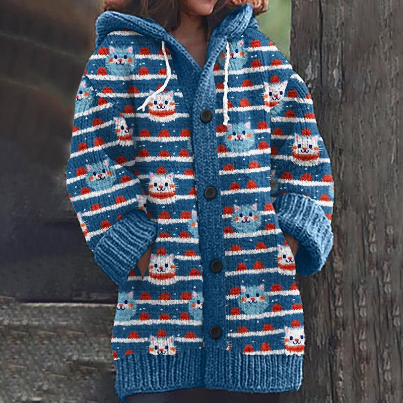 Christmas Cat Stripe Print Long Sleeve Knitted Hooded Cardigan elevenforest