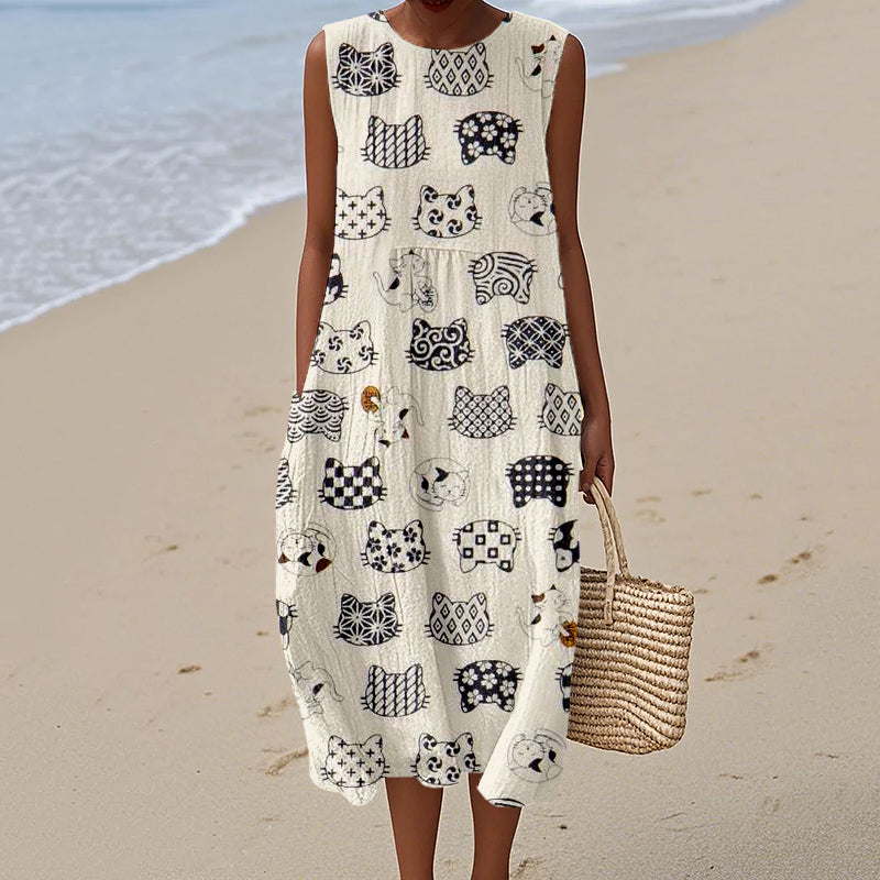 Cute Cat Heads Pattern Linen Tank Dress elevenforest