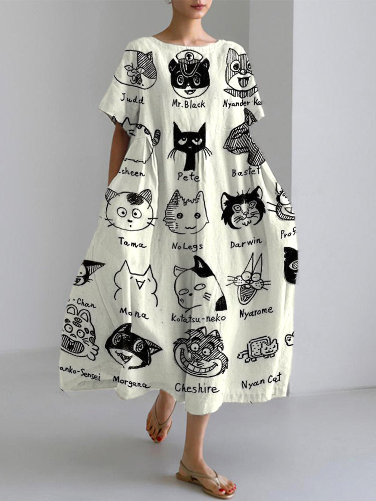 Cute Black Cat Print Linen Blend Maxi Dress elevenforest
