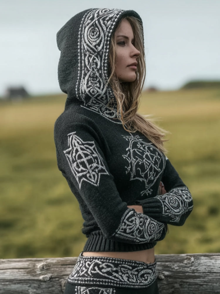 Women's Viking Style Viking Compass Embroidered Contrasting Hooded Sweater artswardrobe