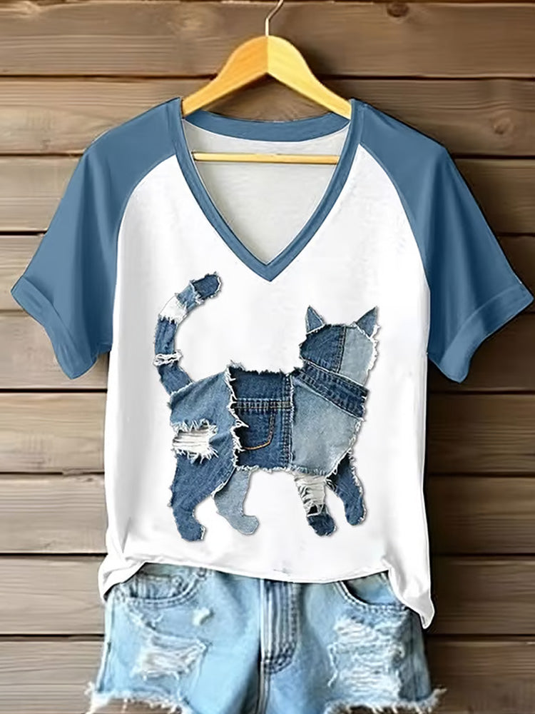 Women's Retro Funny Denim Patch Animal Cat Print Raglan Short Sleeve T-shirt elevenforest
