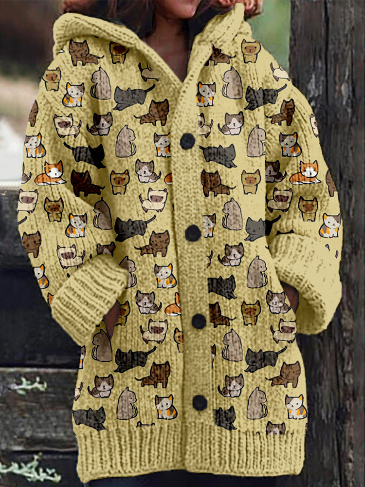 Cute Cats Pattern Cozy Hooded Knit Cardigan elevenforest