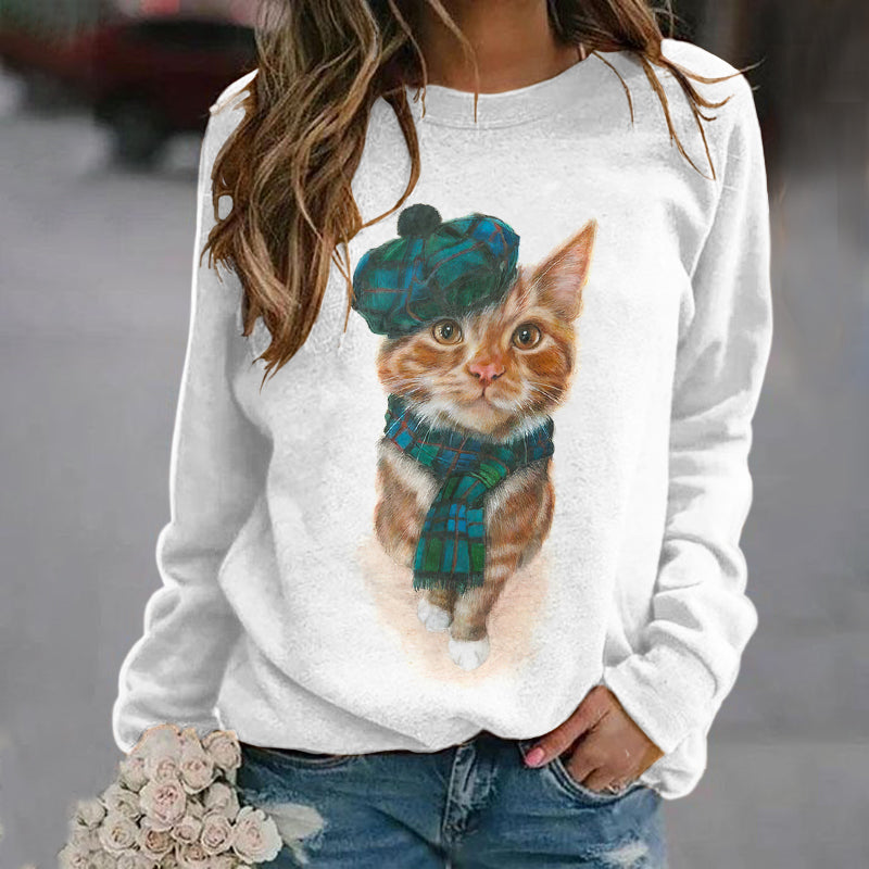 Women's Cute Cat Plaid Print Casual Crew Neck Sweatshirt elevenforest