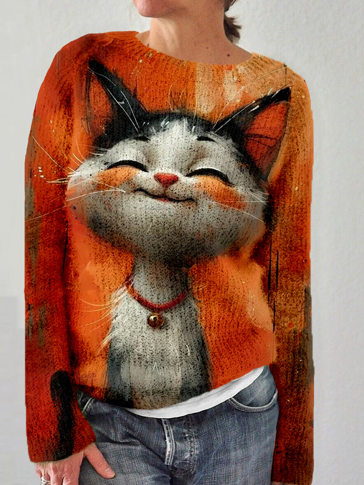Lovely Smile Cat Art Crew Neck Cozy Sweater elevenforest