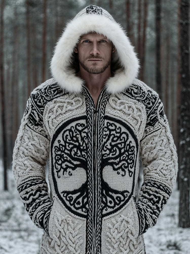 Men's Viking Tree Of Life Celtic Chunky Fur Trim Hooded Cardigan artswardrobe