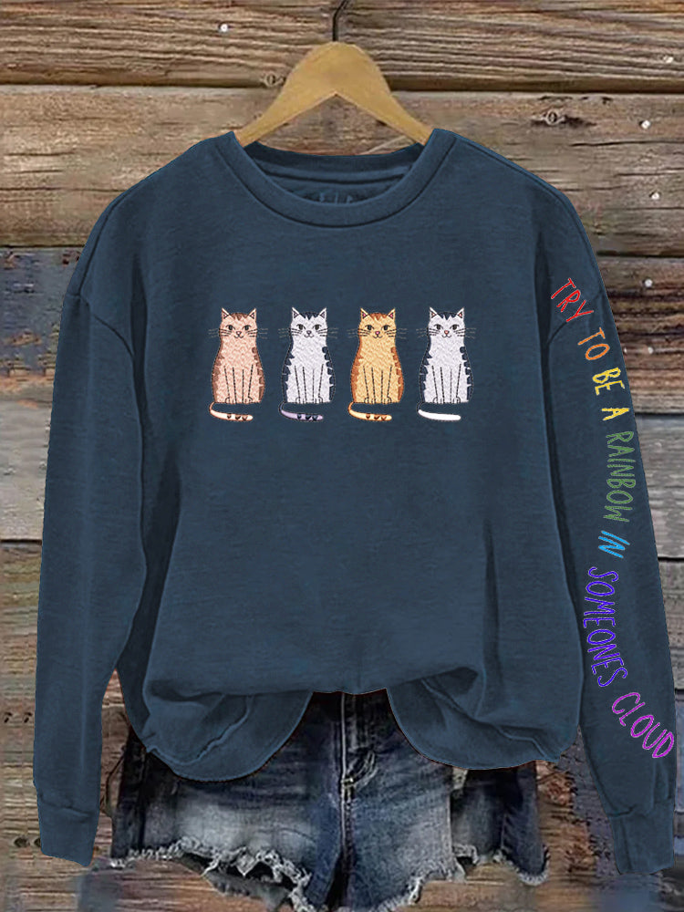Cute Cat Try To Be A Rainbow In Someones Cloud Embroidered Women's Casual Sweatshirt elevenforest