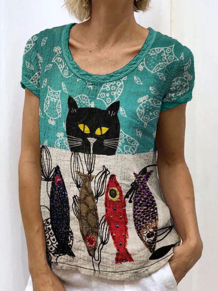 Funny Cat & Fish Embroidered Textile Linen Shirt elevenforest