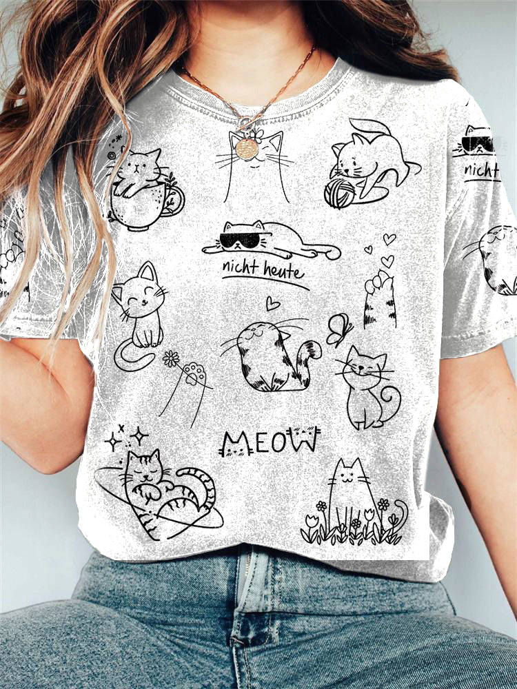 Cute Cat Line Art Print Casual Cotton Linen Blend T-Shirt elevenforest