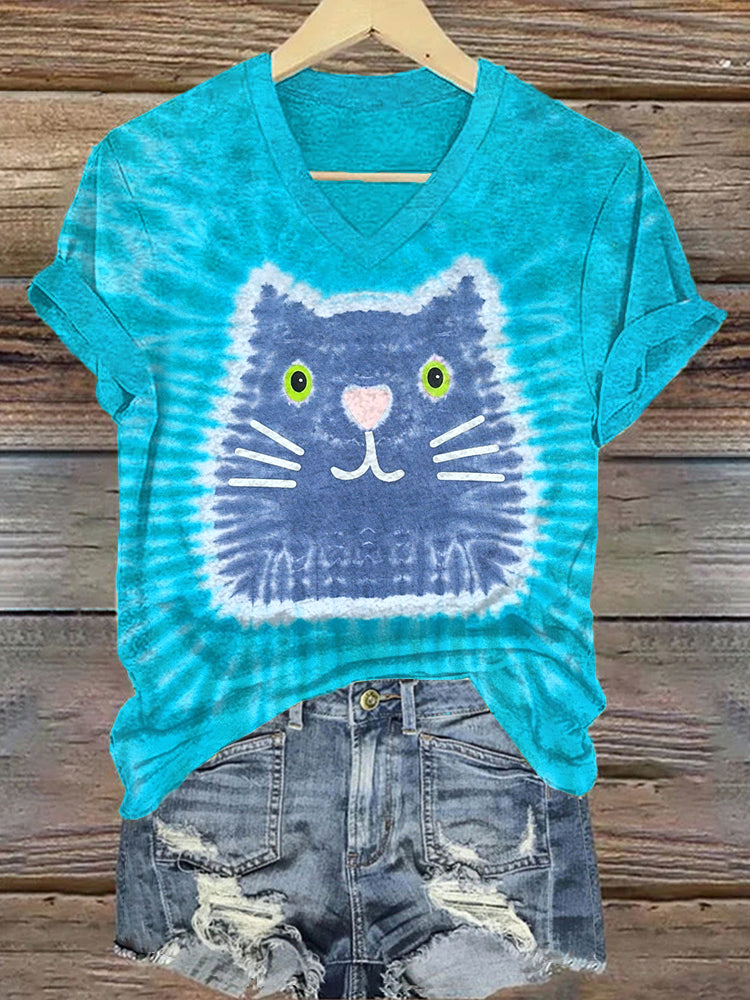 Cute Cat Pattern V-Neck Short Sleeve T-Shirt elevenforest