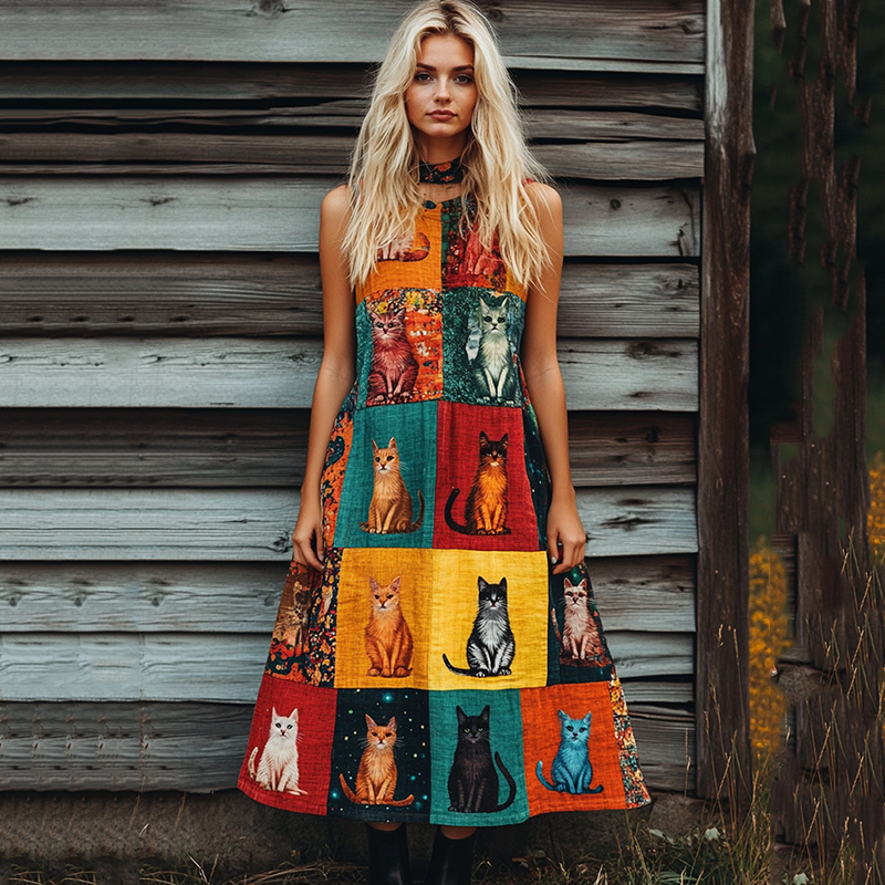 Women's Pop Geometric Color Blocks Cat Art Cotton Linen Dress elevenforest