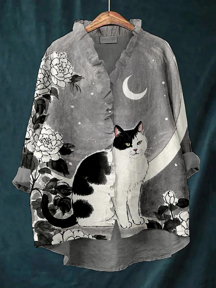 Cat In The Moonlight Graphic Linen Ruffle Shirt elevenforest