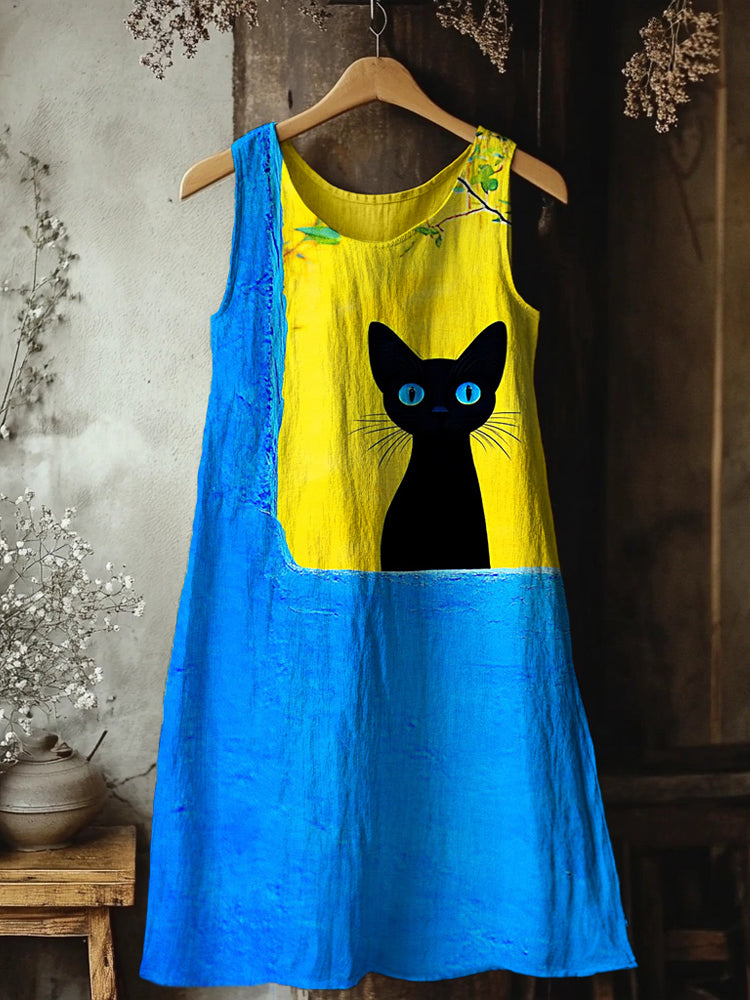 Lovely Black Cat Art Pattern Linen Tank Dress elevenforest