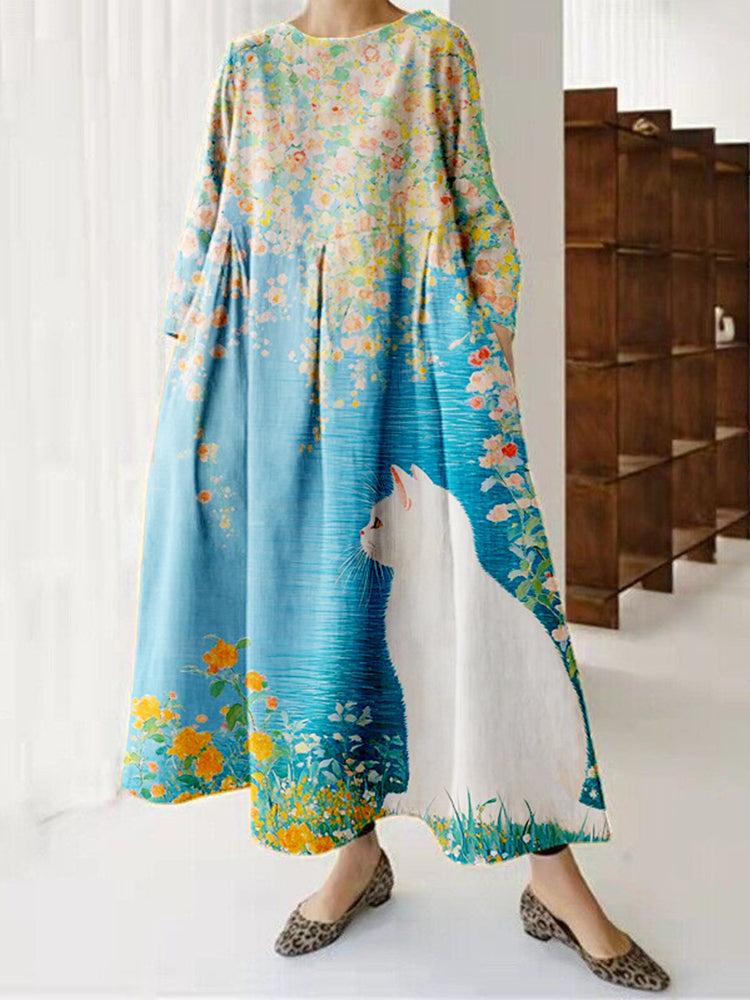 Cat Under The Osmanthus Tree Art Linen Maxi Dress elevenforest