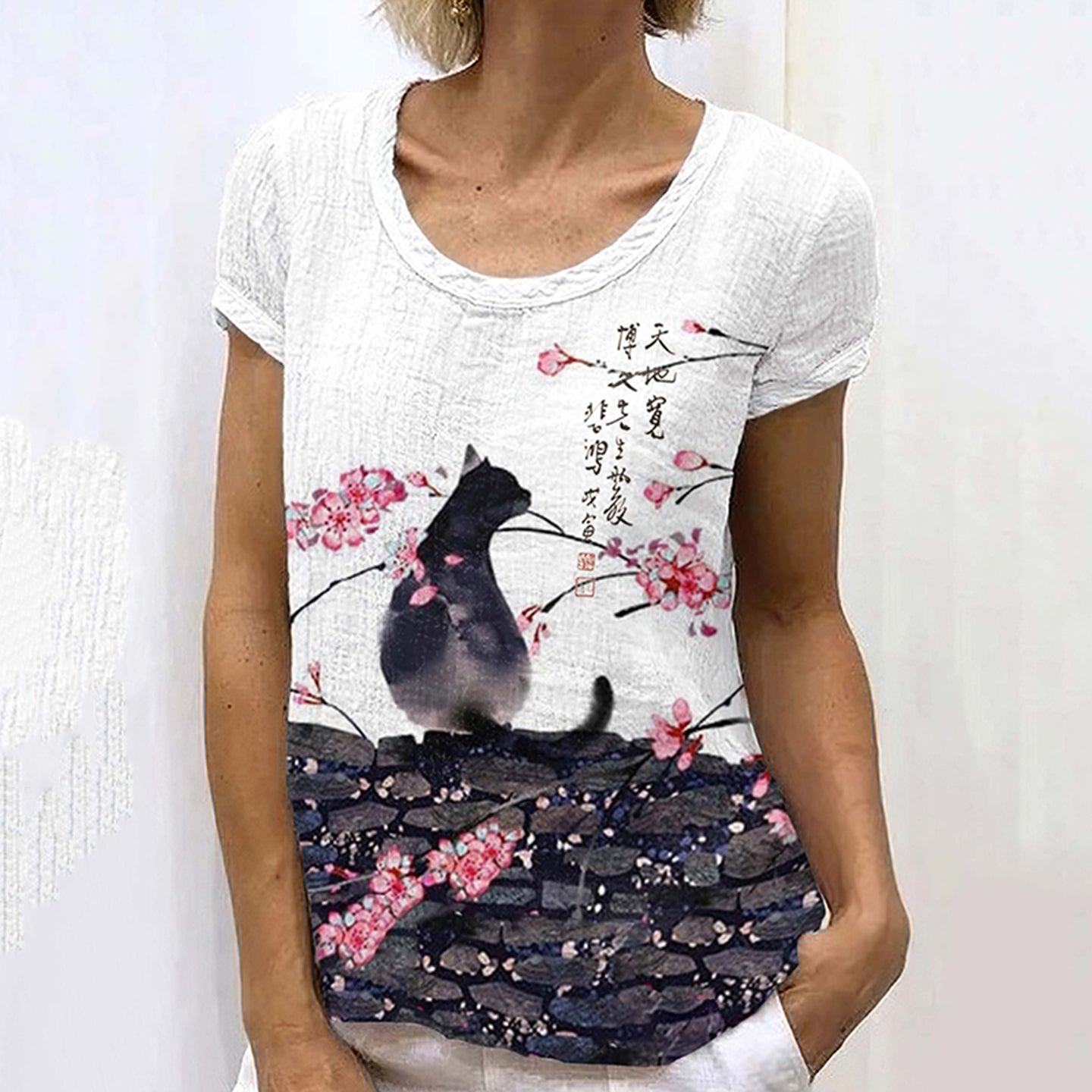 Japanese Retro Floral Cat Art Painting Linen Casual T-Shirt elevenforest