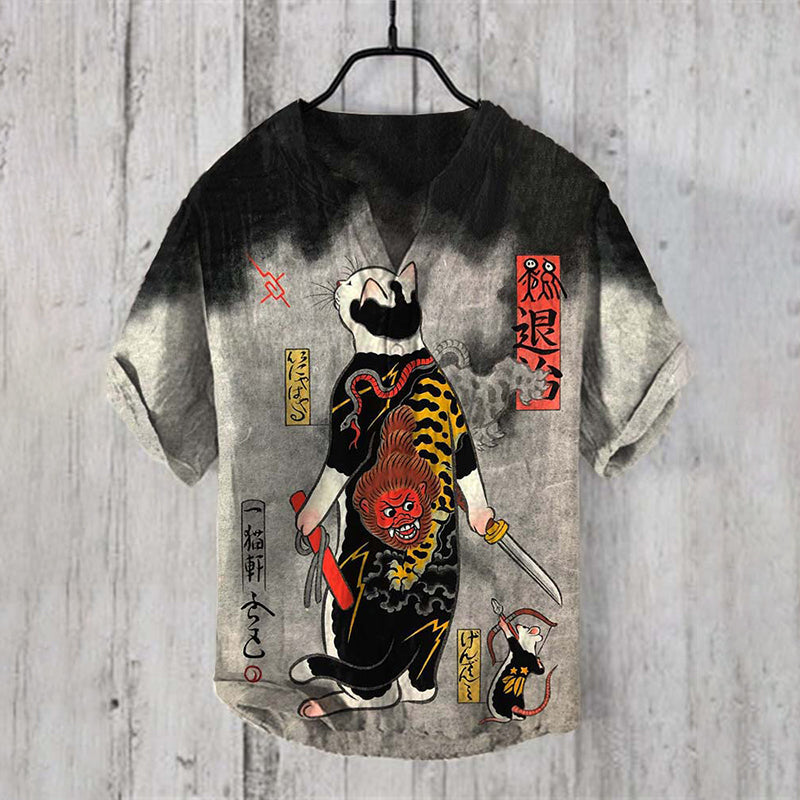 Vintage Japanese Art Gradient Cat V Neck Linen Blend Shirt elevenforest