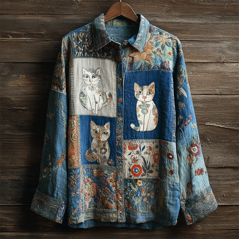 Boho Cats & Floral Embroidery Women's Linen Long Sleeve Shirt elevenforest