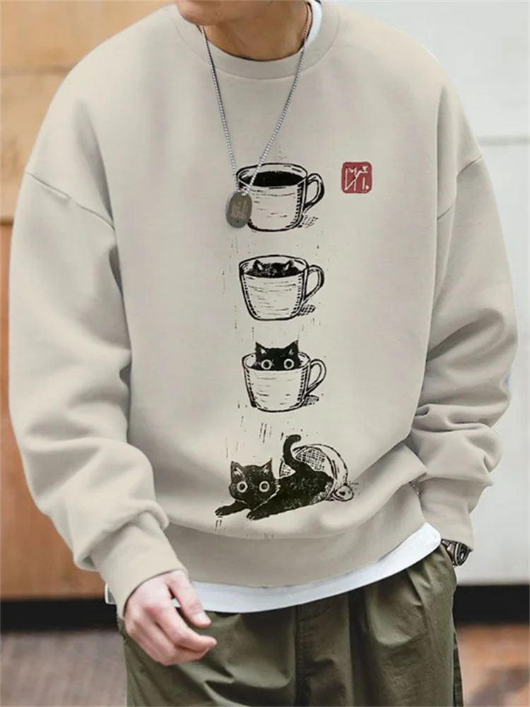 Men's Cat Coffee Cup Japanese Art Painting Print Cozy Sweatshirt elevenforest