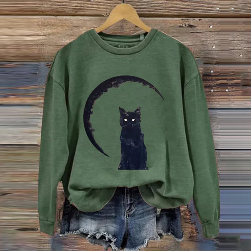 Retro Cat Print Crew Neck Sweatshirt elevenforest