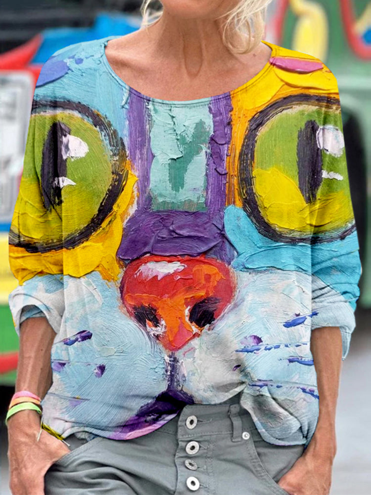 Funny Cat Face Painting Crewneck Cozy T Shirt elevenforest