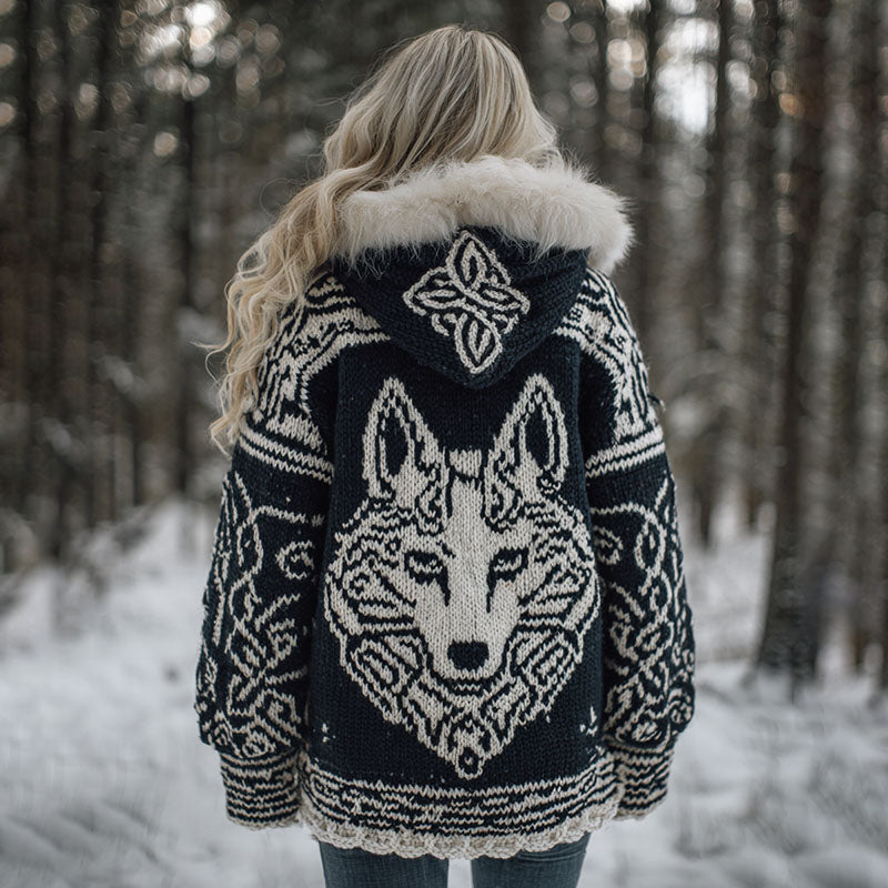 Women's Viking Wolf Celtic Art Cozy Fur Collar Knit Hooded Sweater Jacket artswardrobe