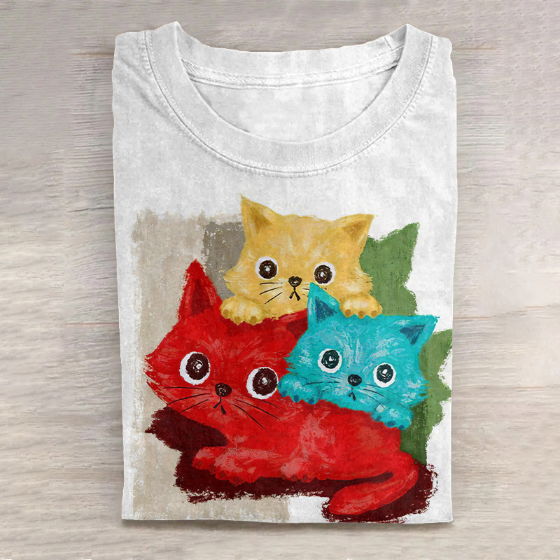 Women's Cute Cat World Ink Art Casual T-Shirt elevenforest