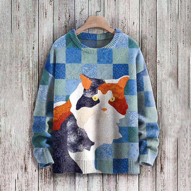 Men's Cat Print Plush Thickened Long Sleeve Sweater elevenforest