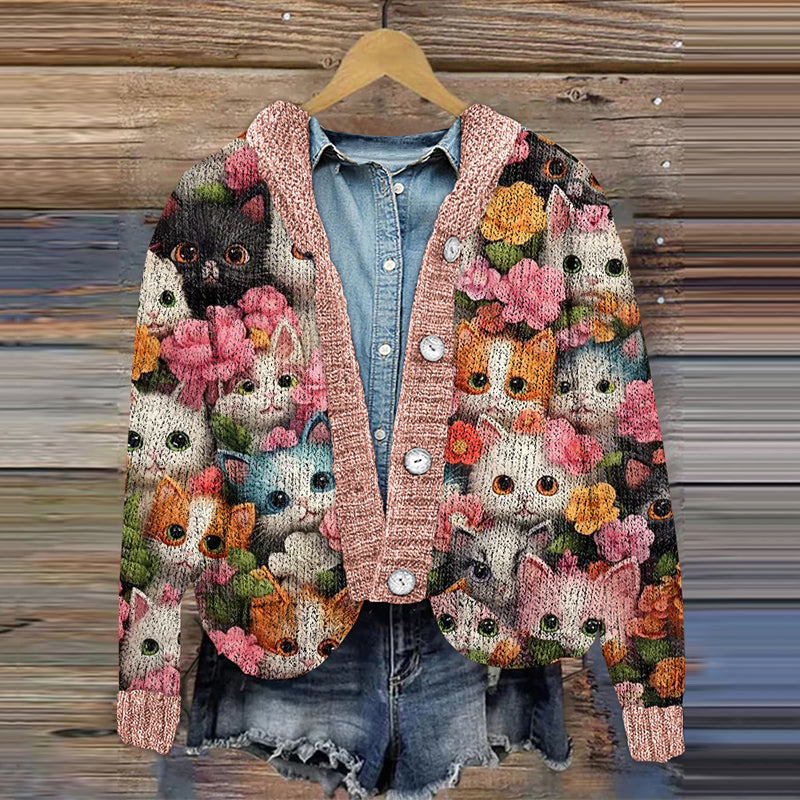 Vintage Cute Cats And Floral Art Cardigan Sweater elevenforest