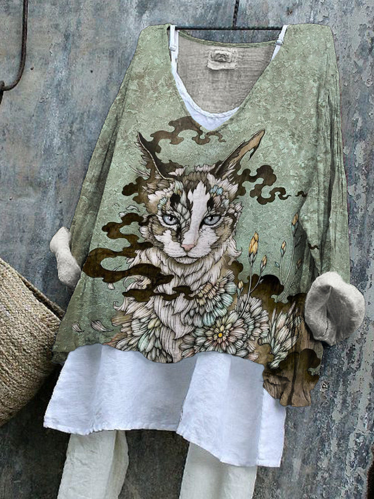 Mysterious Ink Cat Japanese Art Flowy Tunic elevenforest