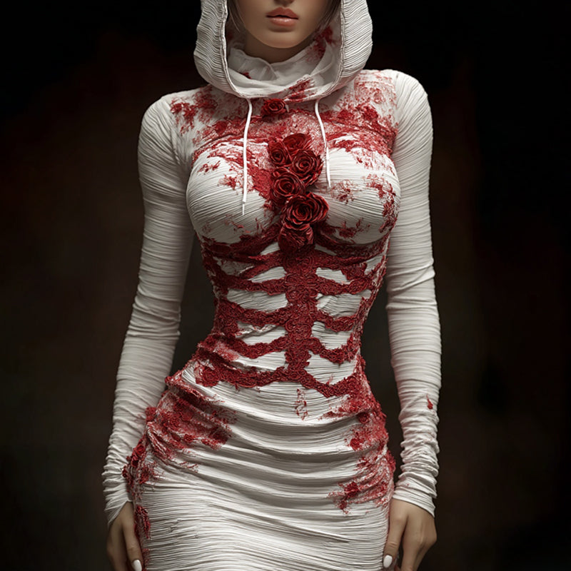 Vintage Skeleton Anatomy Roses Art Hooded Sweater Dress artswardrobe