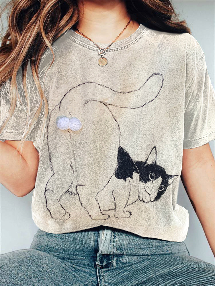 Funny Cat Print Casual Vintage Cotton T-Shirt elevenforest