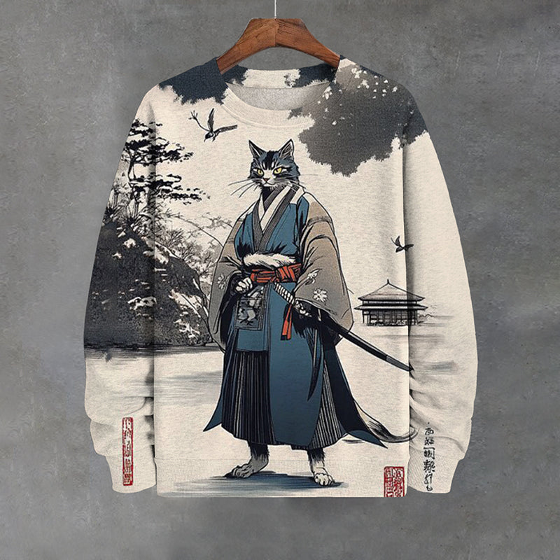 Men's Samurai Cat On The Snow Japanese Art Casual Sweatshirt elevenforest