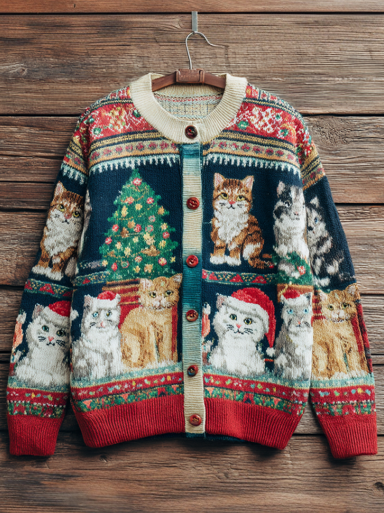 Christmas Fun Cat Lady Round Neck Knitted Sweater Coat artswardrobe