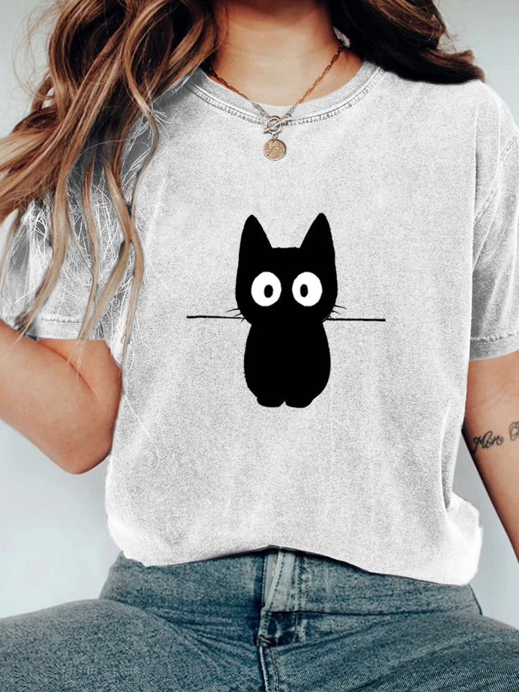Little Black Cat Holding A Stick, Funny Round-neck Short-sleeve T-shirt elevenforest
